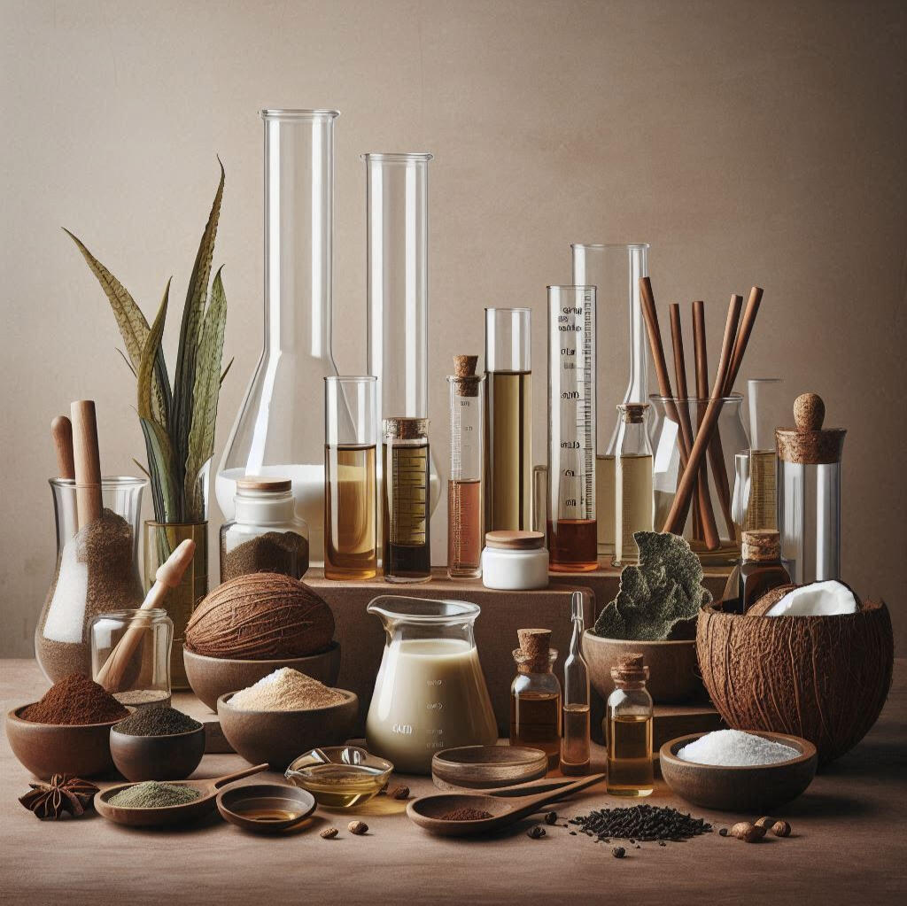 Trading of food ingredients and chemicals a photo-realistic image with vertical composition of a brown wooden table with a few lab glassware containing oils, powders and measurement devices, include a few bowls with seaweed, coconuts and other spices on a neutral background, no text and no humans,